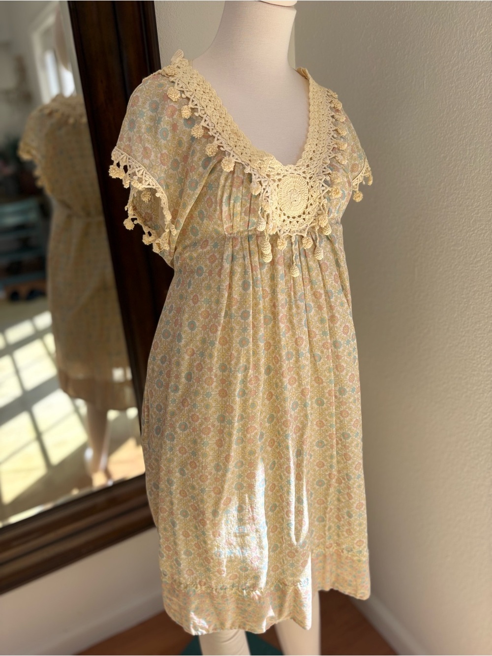 Twin-Set Cream and Pastel Floral Crochet-Trim Dress